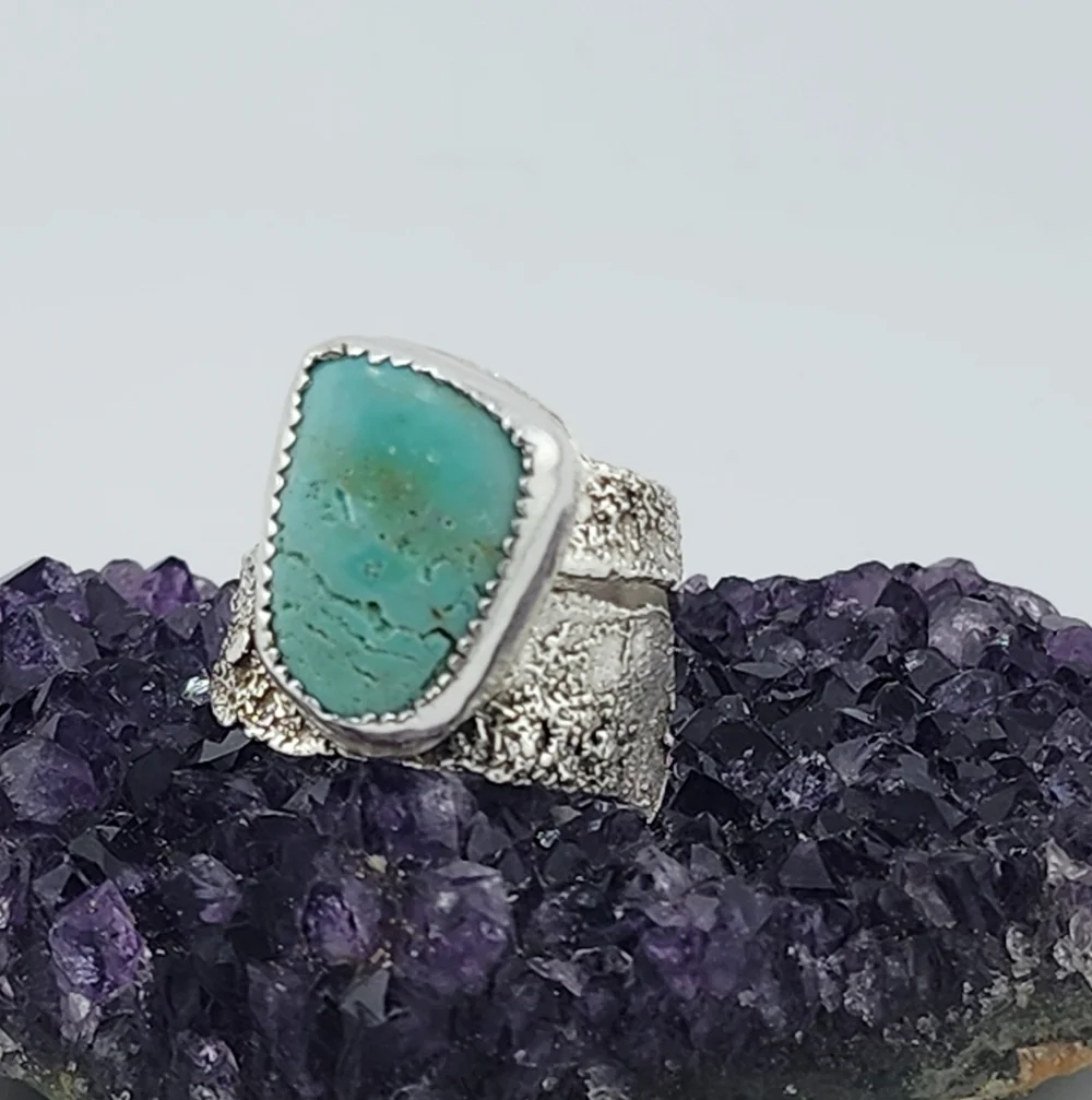 TURQUOISE RING HANDMADE IN RECYCLED STERLING SILVER BRUTALIST STYLE SZ 9